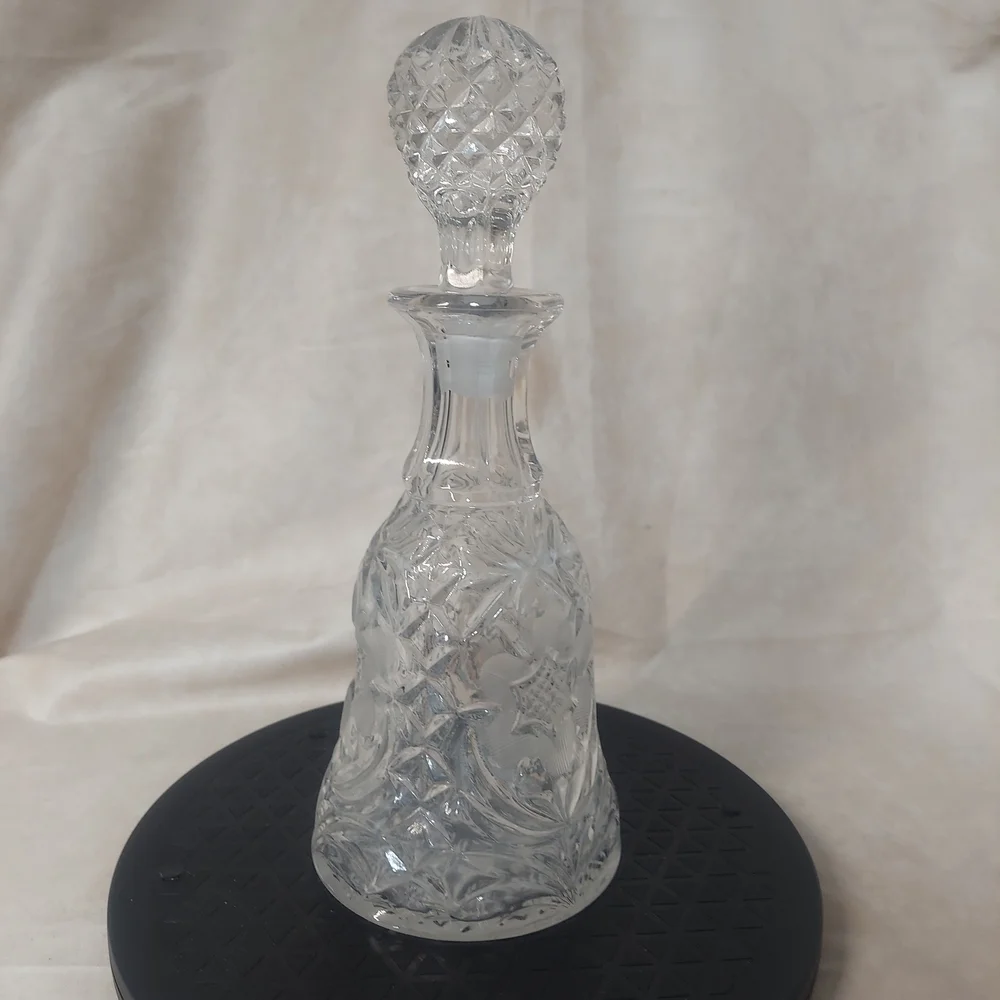 Vintage Bell-Shaped Cut Crystal Decanter with Etched Floral Design & Stopper